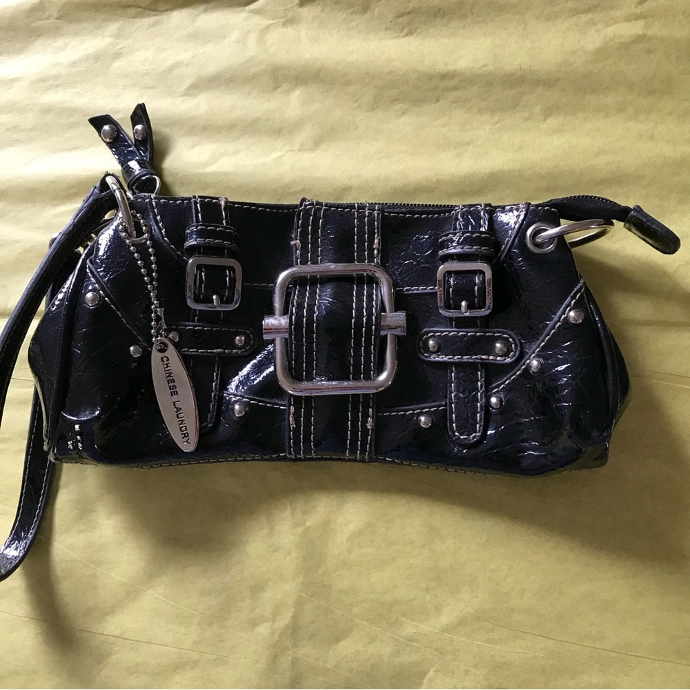Chinese Laundry studs and buckles black shiny Detachable wristlet clutch purse